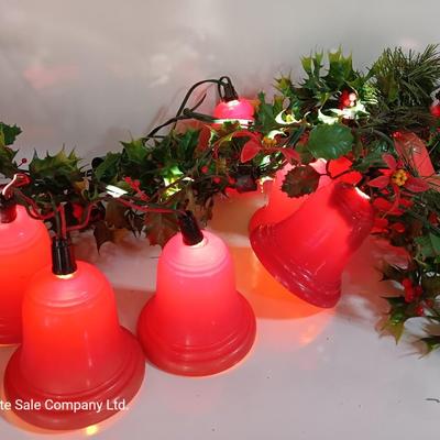 Vintage Working Red bell lights with plastic garland Holly