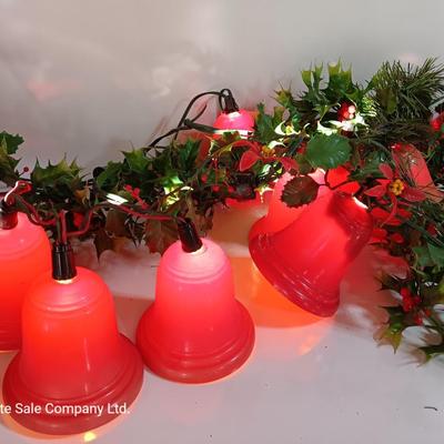Vintage Working Red bell lights with plastic garland Holly