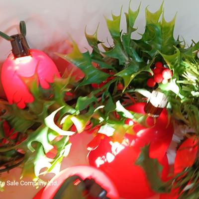 Vintage Working Red bell lights with plastic garland Holly