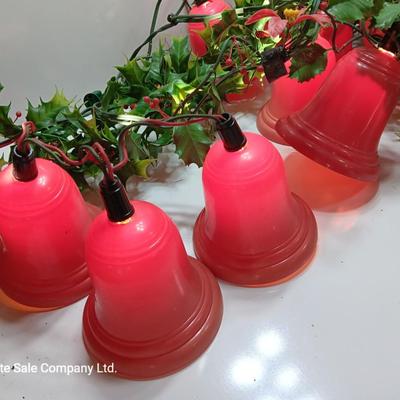 Vintage Working Red bell lights with plastic garland Holly