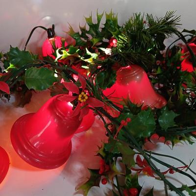 Vintage Working Red bell lights with plastic garland Holly