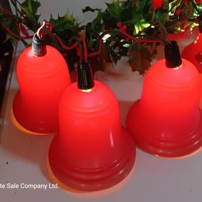Vintage Working Red bell lights with plastic garland Holly
