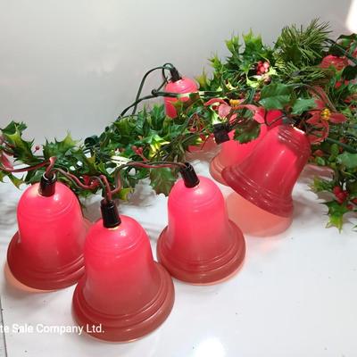 Vintage Working Red bell lights with plastic garland Holly
