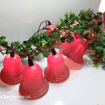 Vintage Working Red bell lights with plastic garland Holly