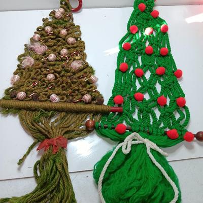 Two vintage macramÃ© hanging trees