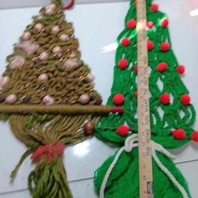 Two vintage macramÃ© hanging trees