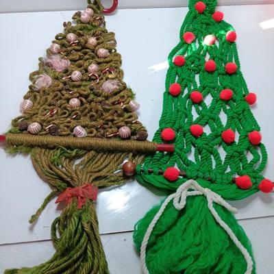 Two vintage macramÃ© hanging trees