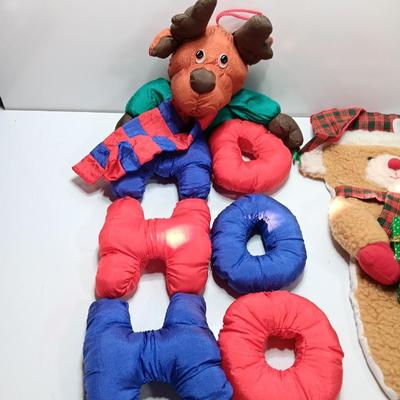 Puffy reindeer ho ho ho tree shaped decoration and teddy bear stocking