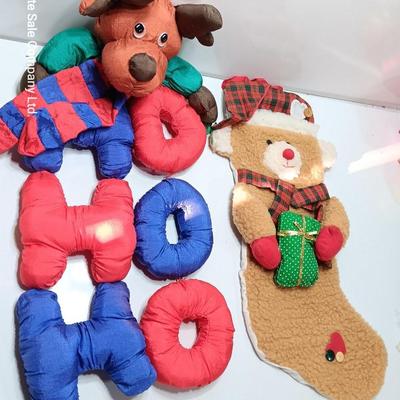 Puffy reindeer ho ho ho tree shaped decoration and teddy bear stocking