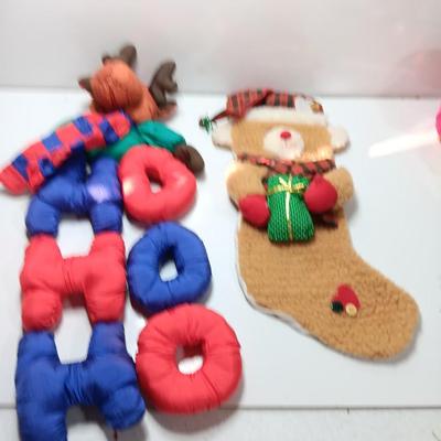 Puffy reindeer ho ho ho tree shaped decoration and teddy bear stocking