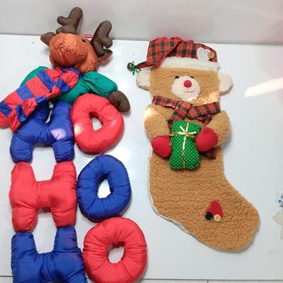 Puffy reindeer ho ho ho tree shaped decoration and teddy bear stocking