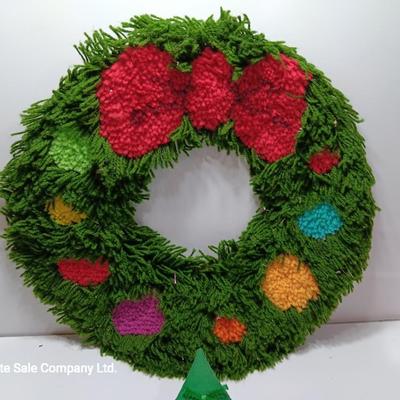 Vintage hook rug wreath and quilt tree decorations with macramÃ© bell