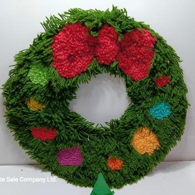 Vintage hook rug wreath and quilt tree decorations with macramÃ© bell