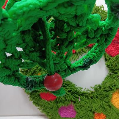 Vintage hook rug wreath and quilt tree decorations with macramÃ© bell