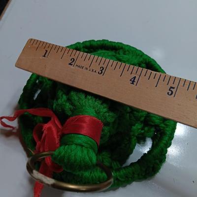 Vintage hook rug wreath and quilt tree decorations with macramÃ© bell