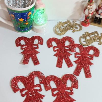 Christmas mug with glittery candy canes, merry Christmas and nutcracker ornaments USB color change snowman
