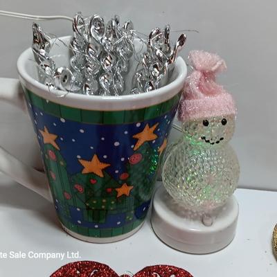 Christmas mug with glittery candy canes, merry Christmas and nutcracker ornaments USB color change snowman