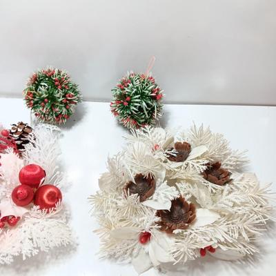 Vintage plastic greenery / white pine and hanging balls