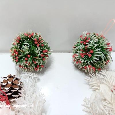 Vintage plastic greenery / white pine and hanging balls