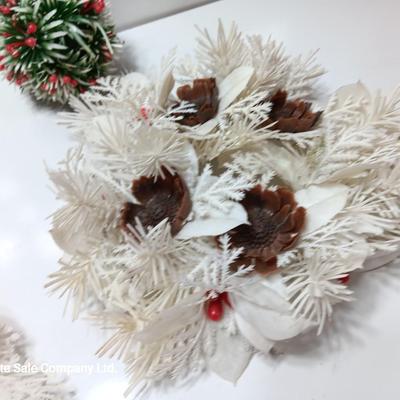 Vintage plastic greenery / white pine and hanging balls
