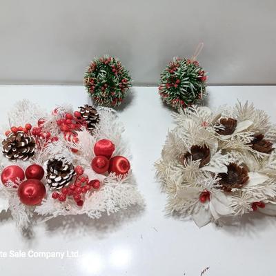 Vintage plastic greenery / white pine and hanging balls