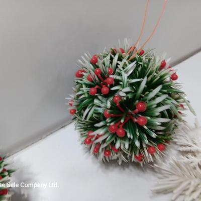 Vintage plastic greenery / white pine and hanging balls