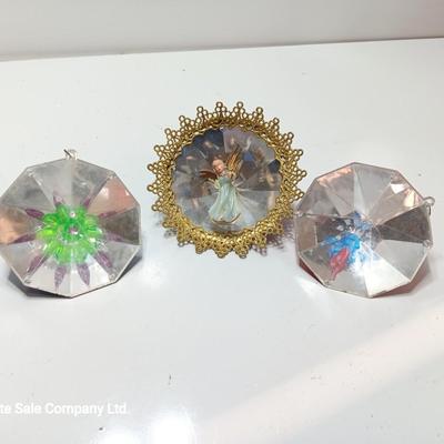 Vintage Angel reflector with two Jewel Brite ornaments