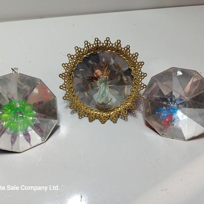 Vintage Angel reflector with two Jewel Brite ornaments