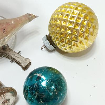 Wine glass with Antique Mercury glass ornaments - bells - bird - and more