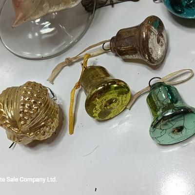 Wine glass with Antique Mercury glass ornaments - bells - bird - and more