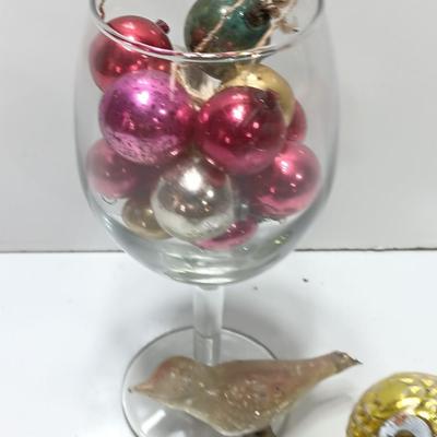 Wine glass with Antique Mercury glass ornaments - bells - bird - and more