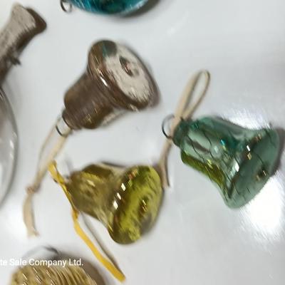 Wine glass with Antique Mercury glass ornaments - bells - bird - and more