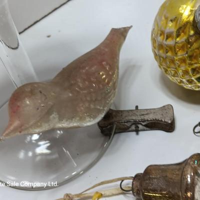 Wine glass with Antique Mercury glass ornaments - bells - bird - and more