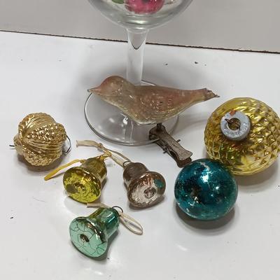 Wine glass with Antique Mercury glass ornaments - bells - bird - and more