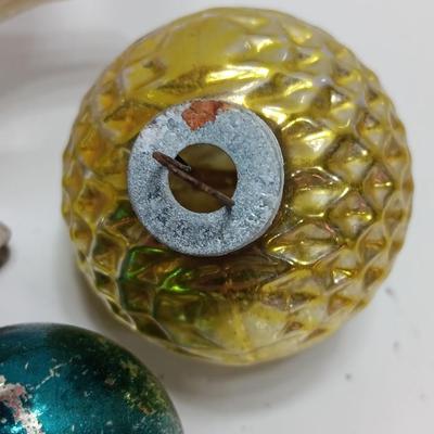 Wine glass with Antique Mercury glass ornaments - bells - bird - and more