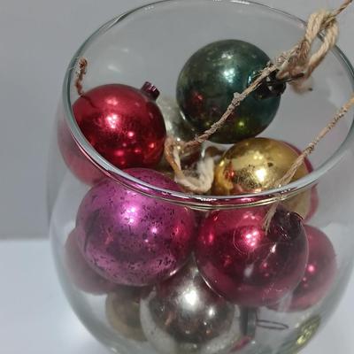 Wine glass with Antique Mercury glass ornaments - bells - bird - and more