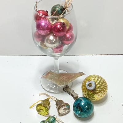 Wine glass with Antique Mercury glass ornaments - bells - bird - and more