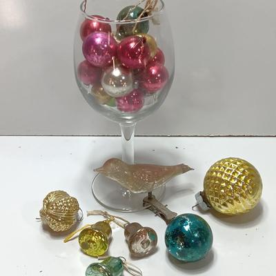 Wine glass with Antique Mercury glass ornaments - bells - bird - and more