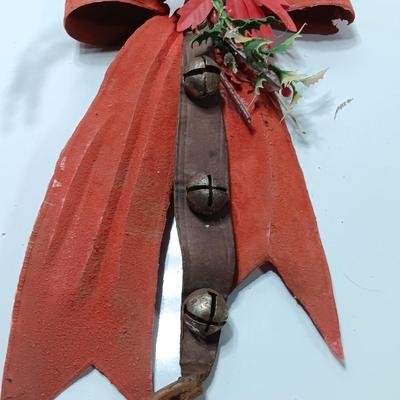 Antique plastic bow with leather strap jingle bells - mercury bulbs and faux greenery