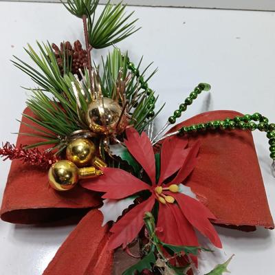 Antique plastic bow with leather strap jingle bells - mercury bulbs and faux greenery