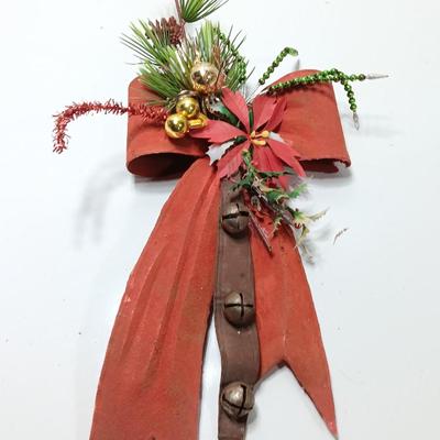 Antique plastic bow with leather strap jingle bells - mercury bulbs and faux greenery