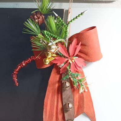 Antique plastic bow with leather strap jingle bells - mercury bulbs and faux greenery