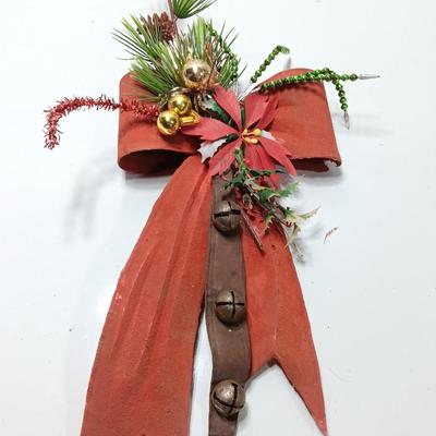 Antique plastic bow with leather strap jingle bells - mercury bulbs and faux greenery