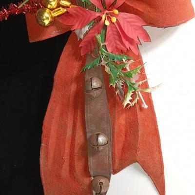 Antique plastic bow with leather strap jingle bells - mercury bulbs and faux greenery