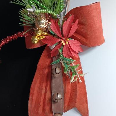 Antique plastic bow with leather strap jingle bells - mercury bulbs and faux greenery