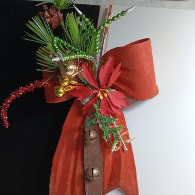Antique plastic bow with leather strap jingle bells - mercury bulbs and faux greenery