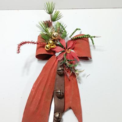 Antique plastic bow with leather strap jingle bells - mercury bulbs and faux greenery