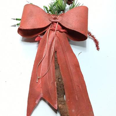 Antique plastic bow with leather strap jingle bells - mercury bulbs and faux greenery