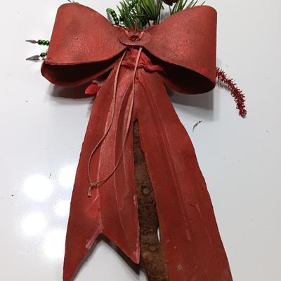Antique plastic bow with leather strap jingle bells - mercury bulbs and faux greenery