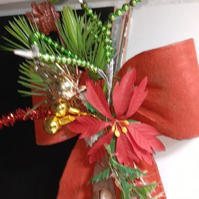 Antique plastic bow with leather strap jingle bells - mercury bulbs and faux greenery
